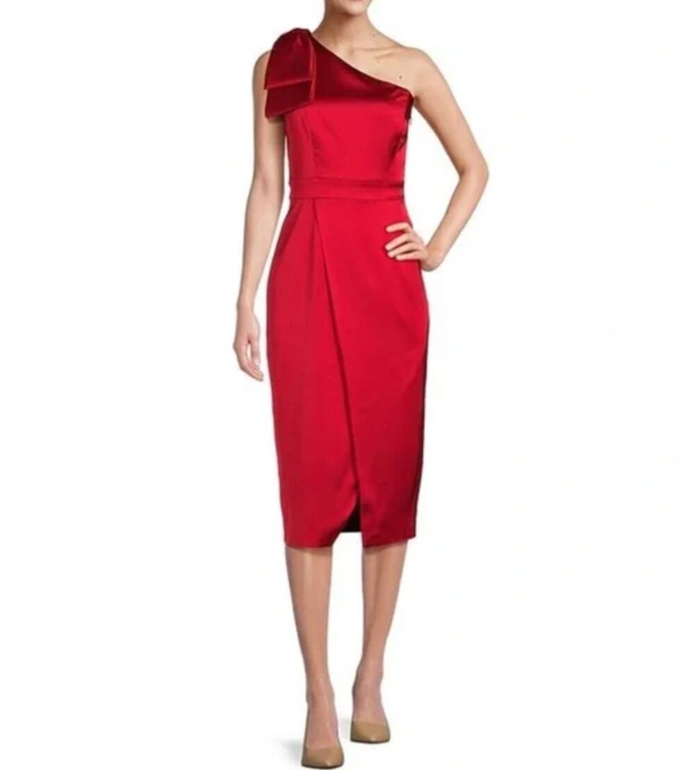 Alex Marie Molly Satin One Shoulder Bow Midi Sheath Dress Holiday Red US 6 NWT